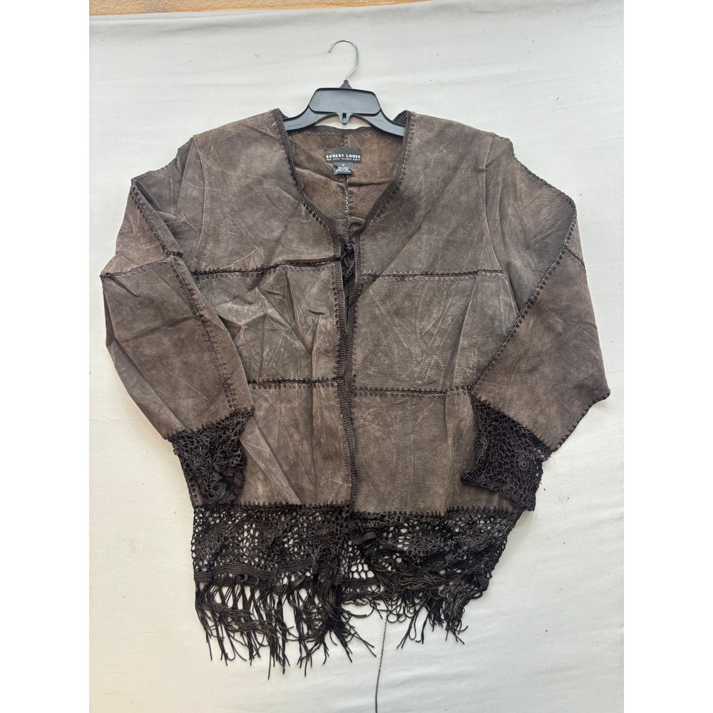 Robert Louis Brown Suede Leather Patchwork Fringe Jacket Crochet Boho Medium